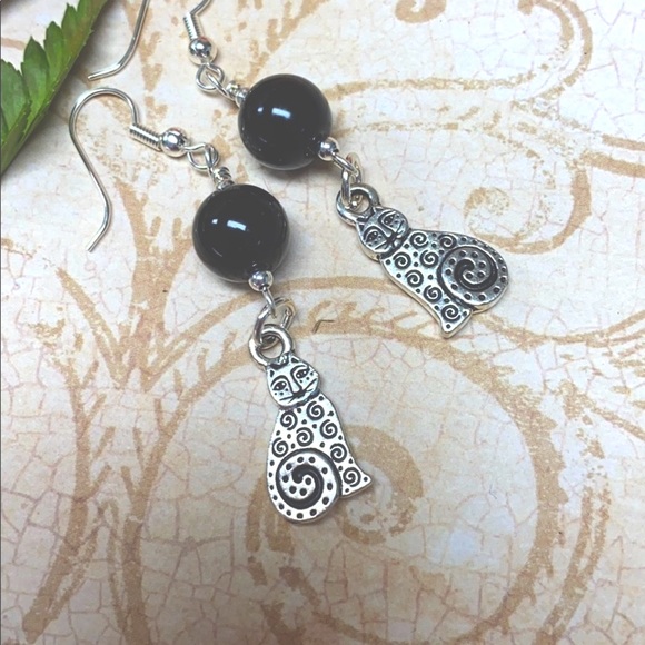 NWOT Sweet silver kitties earrings black jasper - Picture 5 of 6